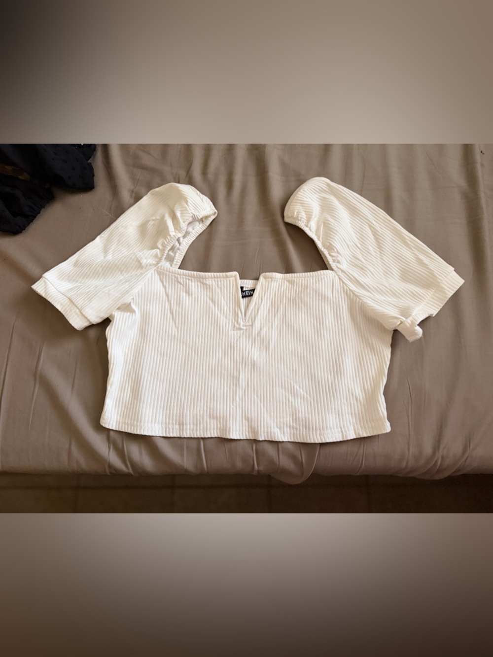 SHEIN White Ribbed Square Neck Puff Sleeve Crop Top